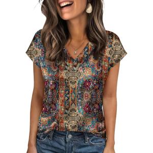 imageZeagoo Women Silk Stain Tops Cap Short Sleeve Blouse V Neck Shirts Business Casual Outfits S2XLMz721
