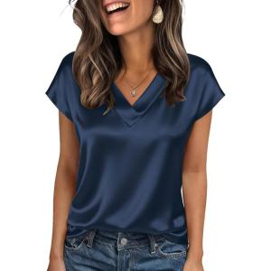 imageZeagoo Women Silk Stain Tops Cap Short Sleeve Blouse V Neck Shirts Business Casual Outfits S2XLNavy Blue