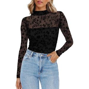 imageZeagoo Womens Mesh Sheer Long Sleeve Top Mock Turtle Neck See Though Shirts Ruched Sexy Casual Going Out BlousesBlack Floral