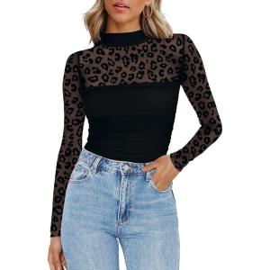 imageZeagoo Womens Mesh Sheer Long Sleeve Top Mock Turtle Neck See Though Shirts Ruched Sexy Casual Going Out BlousesBlack Leopard