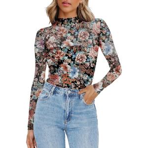 imageZeagoo Womens Mesh Sheer Long Sleeve Top Mock Turtle Neck See Though Shirts Ruched Sexy Casual Going Out BlousesFloral Print