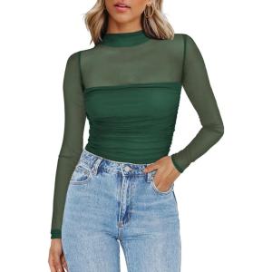 imageZeagoo Womens Mesh Sheer Long Sleeve Top Mock Turtle Neck See Though Shirts Ruched Sexy Casual Going Out BlousesGreen