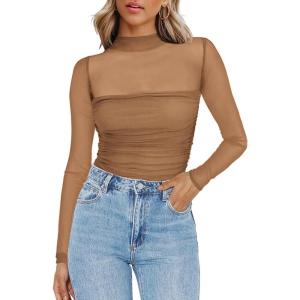 imageZeagoo Womens Mesh Sheer Long Sleeve Top Mock Turtle Neck See Though Shirts Ruched Sexy Casual Going Out BlousesLight Tan