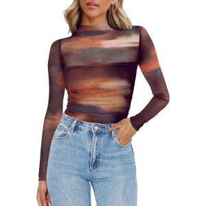 imageZeagoo Womens Mesh Sheer Long Sleeve Top Mock Turtle Neck See Though Shirts Ruched Sexy Casual Going Out BlousesTie Dye Print