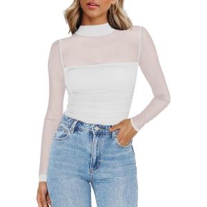 imageZeagoo Womens Mesh Sheer Long Sleeve Top Mock Turtle Neck See Though Shirts Ruched Sexy Casual Going Out BlousesWhite