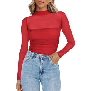 imageZeagoo Womens Mesh Sheer Long Sleeve Top Mock Turtle Neck See Though Shirts Ruched Sexy Casual Going Out BlousesWine Red