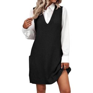 imageZeagoo Womens Sweater Vest Dress Pattern Knitted Pullovers Sweaters V Neck Tank Sweater Dress with PocketsBlack