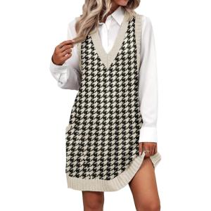 imageZeagoo Womens Sweater Vest Dress Pattern Knitted Pullovers Sweaters V Neck Tank Sweater Dress with PocketsBlack Houndstooth