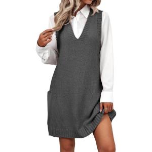 imageZeagoo Womens Sweater Vest Dress Pattern Knitted Pullovers Sweaters V Neck Tank Sweater Dress with PocketsDark Grey
