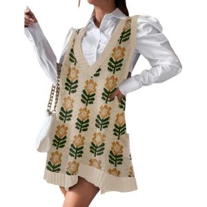 imageZeagoo Womens Sweater Vest Dress Pattern Knitted Pullovers Sweaters V Neck Tank Sweater Dress with PocketsKhaki Flower