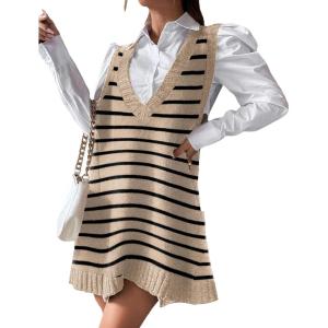 imageZeagoo Womens Sweater Vest Dress Pattern Knitted Pullovers Sweaters V Neck Tank Sweater Dress with PocketsKhaki Stripe