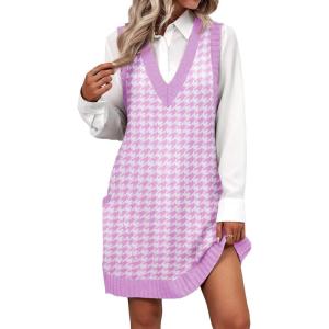 imageZeagoo Womens Sweater Vest Dress Pattern Knitted Pullovers Sweaters V Neck Tank Sweater Dress with PocketsPurple Houndstooth