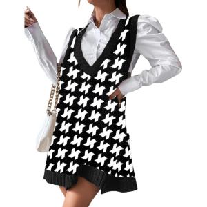 imageZeagoo Womens Sweater Vest Dress Pattern Knitted Pullovers Sweaters V Neck Tank Sweater Dress with PocketsUpgraded Houndstooth