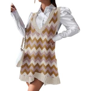 imageZeagoo Womens Sweater Vest Dress Pattern Knitted Pullovers Sweaters V Neck Tank Sweater Dress with PocketsWavy Stripe Brown