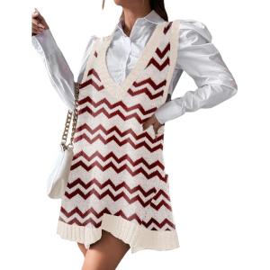 imageZeagoo Womens Sweater Vest Dress Pattern Knitted Pullovers Sweaters V Neck Tank Sweater Dress with PocketsWavy Stripe Wine