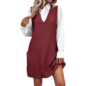 imageZeagoo Womens Sweater Vest Dress Pattern Knitted Pullovers Sweaters V Neck Tank Sweater Dress with PocketsWine Red
