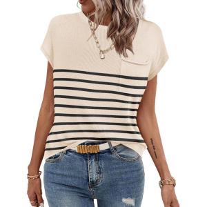 imageZeagoo Womens Sweater Vest Fall 2025 Loose Fit Cape Sleeve Knit Ribbed Tank Tops with Front Pocket SXXLBlack Stripe