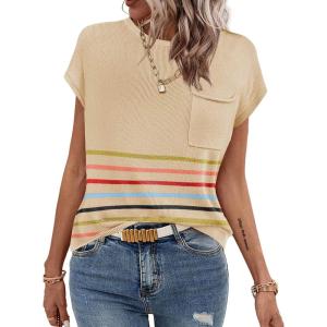 imageZeagoo Womens Sweater Vest Fall 2025 Loose Fit Cape Sleeve Knit Ribbed Tank Tops with Front Pocket SXXLMulticolord Stripe