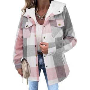 imageZeagoo Womens Plaid Shacket Jacket Long Sleeve Fleece Hooded Jackets Fall Winter Warm Coat S2XLLight Pink Plaid
