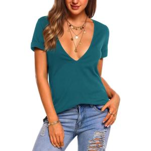 imageZeagoo Womens Tops Deep V Neck Shirts Summer Low Cut Top Sexy Short Sleeve Tshirts Trendy Clothes Fashion Clothing S3XLBlue Green