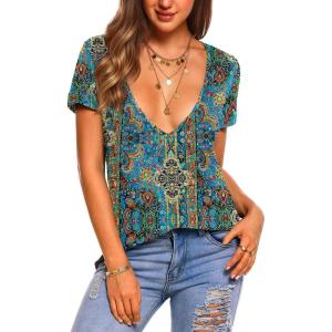 imageZeagoo Womens Tops Deep V Neck Shirts Summer Low Cut Top Sexy Short Sleeve Tshirts Trendy Clothes Fashion Clothing S3XLMz779 Boho