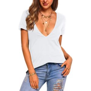 imageZeagoo Womens Tops Deep V Neck Shirts Summer Low Cut Top Sexy Short Sleeve Tshirts Trendy Clothes Fashion Clothing S3XLWhite