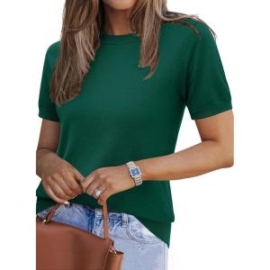imageZeagoo Womens Summer Short Sleeve Tops Crew Neck Lightweight Pullover Sweaters Loose Dressy Casual Blouse Basic ClothesGrass Green