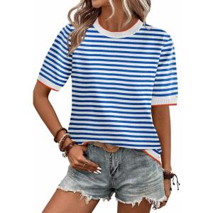 imageZeagoo Womens Summer Short Sleeve Tops Crew Neck Lightweight Pullover Sweaters Loose Dressy Casual Blouse Basic ClothesStriped Blue