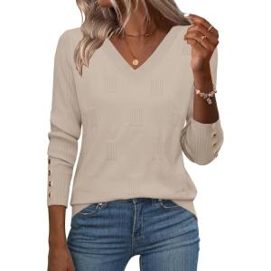 imageZeagoo Womens V Neck Sweaters Shirts Long Sleeve Lightweight Ribbed Knit Pullover Sweater Blouse Tops with Buttons OufitsAlmond