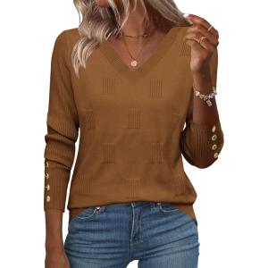 imageZeagoo Womens V Neck Sweaters Shirts Long Sleeve Lightweight Ribbed Knit Pullover Sweater Blouse Tops with Buttons OufitsBrownie