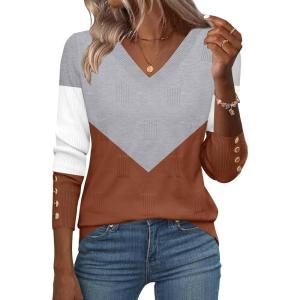 imageZeagoo Womens V Neck Sweaters Shirts Long Sleeve Lightweight Ribbed Knit Pullover Sweater Blouse Tops with Buttons OufitsCgrey Caramel