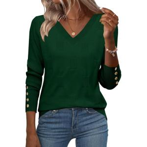 imageZeagoo Womens V Neck Sweaters Shirts Long Sleeve Lightweight Ribbed Knit Pullover Sweater Blouse Tops with Buttons OufitsForest Green