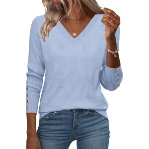 imageZeagoo Womens V Neck Sweaters Shirts Long Sleeve Lightweight Ribbed Knit Pullover Sweater Blouse Tops with Buttons OufitsLight Blue