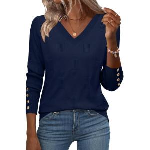 imageZeagoo Womens V Neck Sweaters Shirts Long Sleeve Lightweight Ribbed Knit Pullover Sweater Blouse Tops with Buttons OufitsNavy Blue