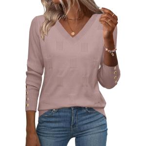 imageZeagoo Womens V Neck Sweaters Shirts Long Sleeve Lightweight Ribbed Knit Pullover Sweater Blouse Tops with Buttons OufitsPink Purple