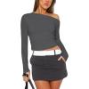imageZeagoo Womens Long Sleeve Off The Shoulder Casual Crop Tops Boat Neck Going Out Slim Fit Sexy T Shirts 2025Dark Grey