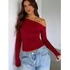 imageZeagoo Womens Long Sleeve Off The Shoulder Casual Crop Tops Boat Neck Going Out Slim Fit Sexy T Shirts 2025Wine Red