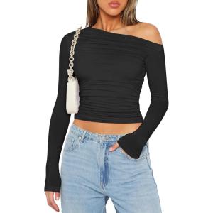 imageZeagoo Womens Long Sleeve Off The Shoulder Casual Crop Tops Boat Neck Going Out Slim Fit Sexy T Shirts 2025Black