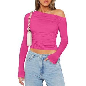 imageZeagoo Womens Long Sleeve Off The Shoulder Casual Crop Tops Boat Neck Going Out Slim Fit Sexy T Shirts 2025Hot Pink