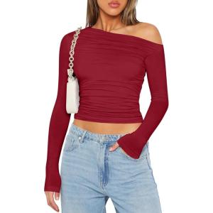 imageZeagoo Womens Long Sleeve Off The Shoulder Casual Crop Tops Boat Neck Going Out Slim Fit Sexy T Shirts 2025Wine Red
