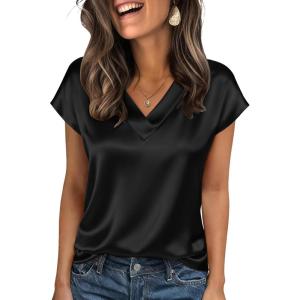 imageZeagoo Women Silk Satin Tops Cap Short Sleeve Blouse V Neck Shirts Business Casual Outfits S2XLBlack