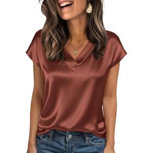 imageZeagoo Women Silk Satin Tops Cap Short Sleeve Blouse V Neck Shirts Business Casual Outfits S2XLBrown