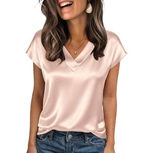 imageZeagoo Women Silk Satin Tops Cap Short Sleeve Blouse V Neck Shirts Business Casual Outfits S2XLChampagne