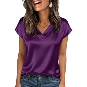 imageZeagoo Women Silk Satin Tops Cap Short Sleeve Blouse V Neck Shirts Business Casual Outfits S2XLPurple