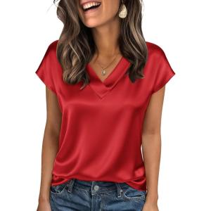 imageZeagoo Women Silk Satin Tops Cap Short Sleeve Blouse V Neck Shirts Business Casual Outfits S2XLRed
