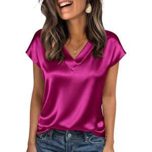 imageZeagoo Women Silk Satin Tops Cap Short Sleeve Blouse V Neck Shirts Business Casual Outfits S2XLRose Red