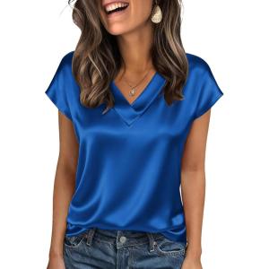 imageZeagoo Women Silk Satin Tops Cap Short Sleeve Blouse V Neck Shirts Business Casual Outfits S2XLSky Blue