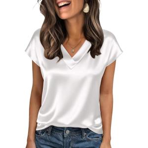 imageZeagoo Women Silk Satin Tops Cap Short Sleeve Blouse V Neck Shirts Business Casual Outfits S2XLWhite
