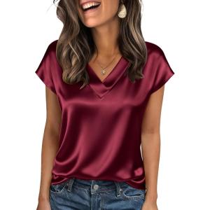 imageZeagoo Women Silk Satin Tops Cap Short Sleeve Blouse V Neck Shirts Business Casual Outfits S2XLWine Red