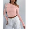 imageZeagoo Womens Long Sleeve Off The Shoulder Casual Crop Tops Boat Neck Going Out Slim Fit Sexy T Shirts 2025Light Pink
